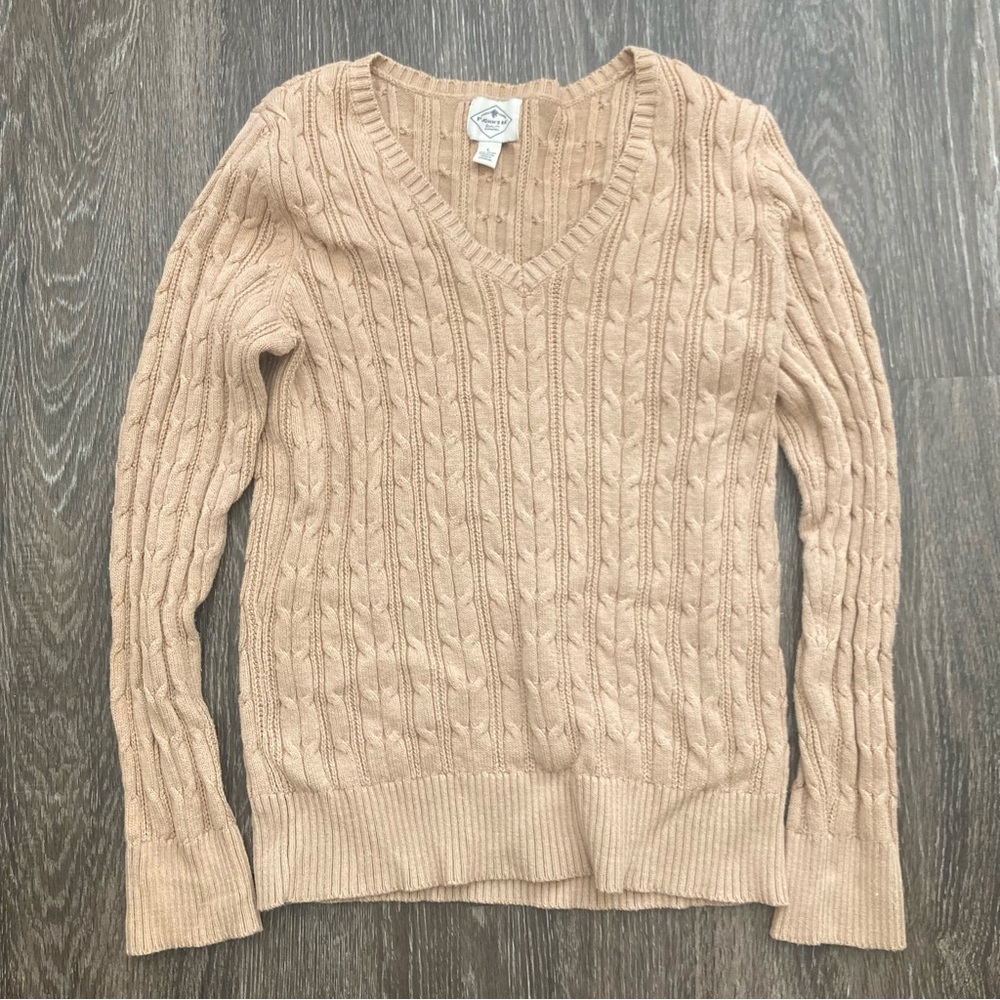 St Johns Bay Sweater Womens Medium Cable Knit Pullover Long Sleeve Tan Beige